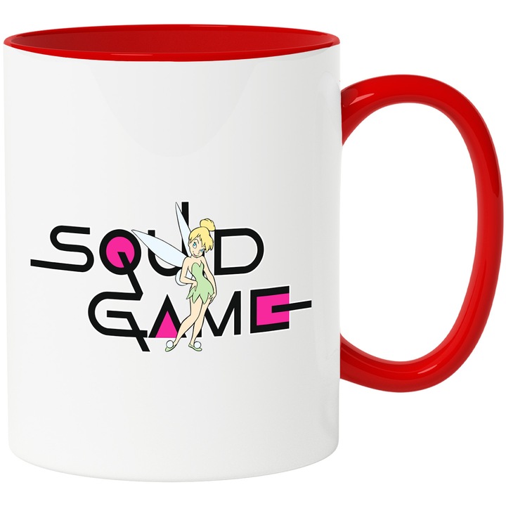 Cana Cu Clopotica, Cu Textul "Squid Game" - Design 2, Ceramica, 330ML, Cu Maner si Interior Rosu