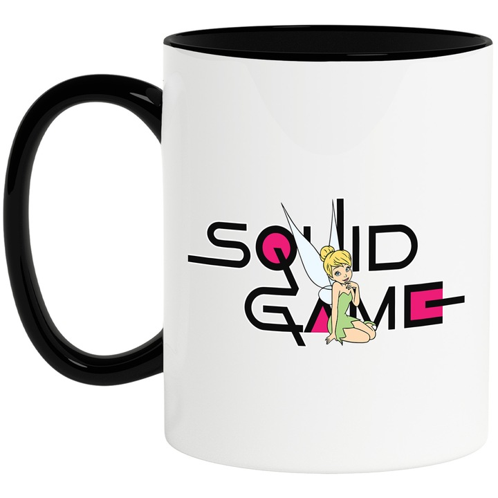 Cana Cu Clopotica, Cu Textul "Squid Game" - Design 3, Ceramica, 330ML, Cu Maner si Interior Negru