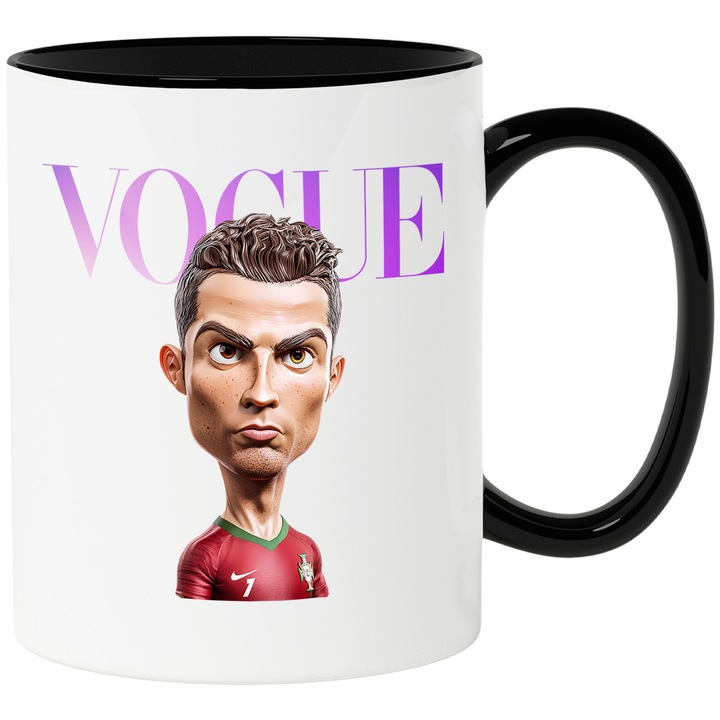 Cana Cu Cristiano ronaldo, Cu Textul "Vogue" - Design 1, Ceramica, 330ML, Cu Maner si Interior Negru
