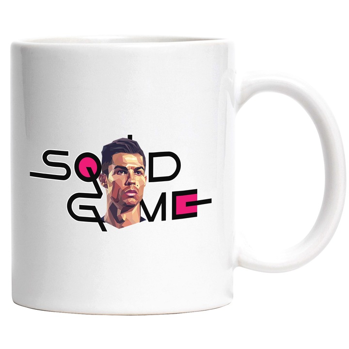 Cana Cu Cristiano ronaldo, Cu Textul "Squid Game" - Design 3, Ceramica, 330ML, Cu Maner si Interior Alb