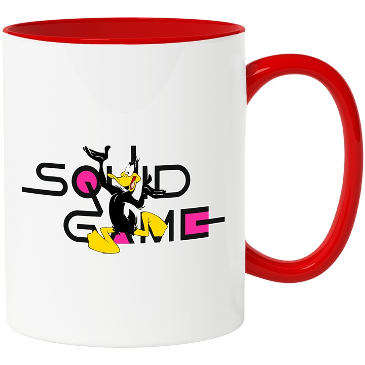 Cana Cu Daffy Duck, Cu Textul "Squid Game" - Design 1, Ceramica, 330ML, Cu Maner si Interior Rosu