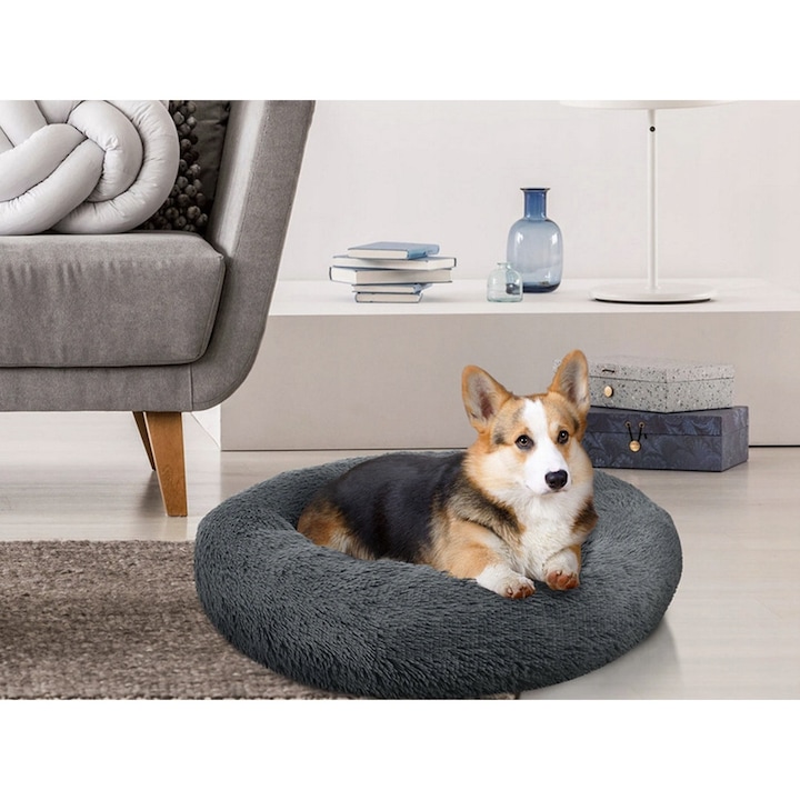 Pat pufos pentru animale, 80 cm, Perna detasabila, Margini inalte, Plus moale, Gri