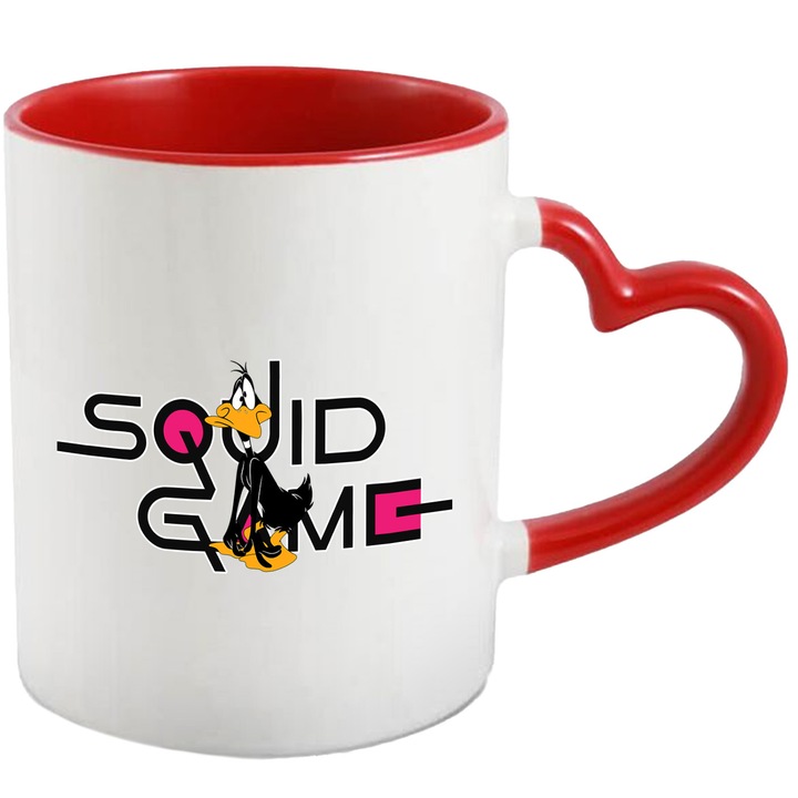Cana Cu Daffy Duck, Cu Textul "Squid Game" - Design 3, Ceramica, 330ML, Cu Maner Inima Rosie si Interior Rosu