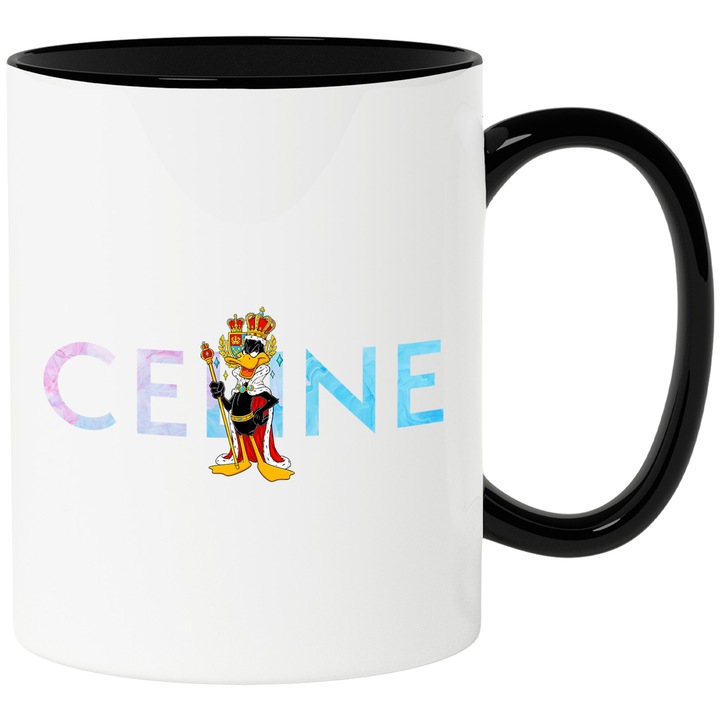 Cana Cu Daffy Duck, Cu Textul "Celine" - Design 6, Ceramica, 330ML, Cu Maner si Interior Negru