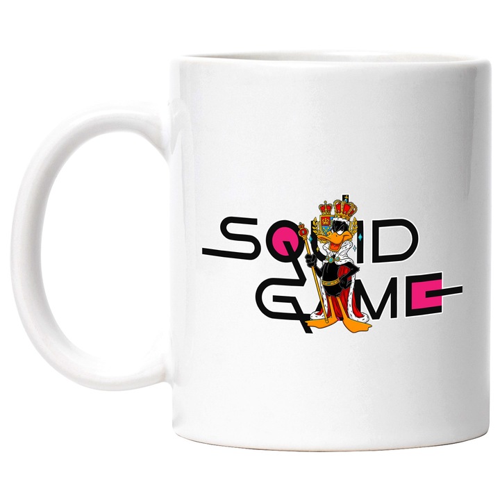 Cana Cu Daffy Duck, Cu Textul "Squid Game" - Design 6, Ceramica, 330ML, Cu Maner si Interior Alb