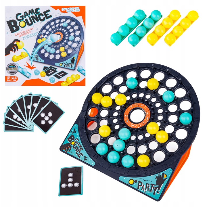 Joc de familie BOUNCE GAME, 8 mingi mint, 8 mingi galbene, 2 suporturi mint, 2 suporturi galbene, 9 carti cu modele, 30,5x31,5cm