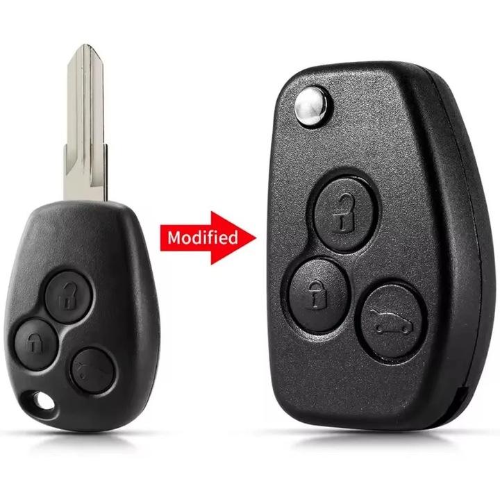 Carcasa cheie auto Techstar, transformatoare tip briceag, cu 3 butoane si lama VAC102, compatibila Dacia Logan, Renault Trafic – aftermarket