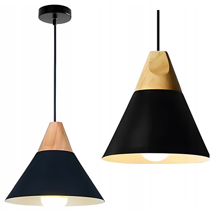 Lampa Suspendata Neagra Metal-Lemn Stil Loft Scandi C