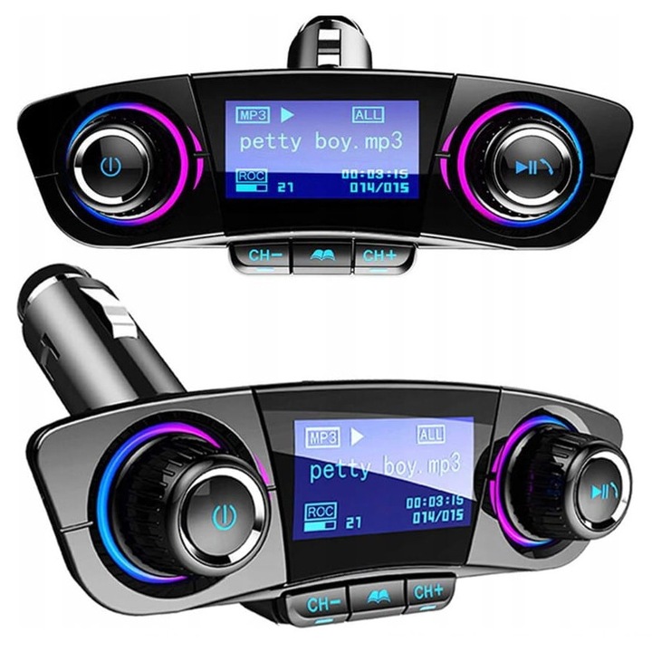 Transmitator FM Bluetooth QIKtech T01 cu incarcator, 2 porturi USB, functie voltmetru, 1.3 inch, negru