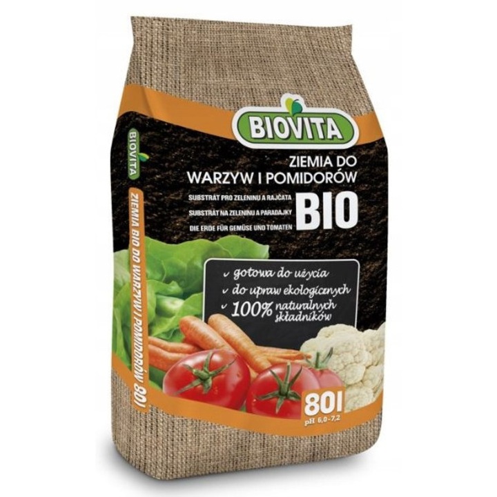 Pamant pentru Legume si rosii, 80L, Biovita, 100% ingrediente naturale, pH 6,0-7,2