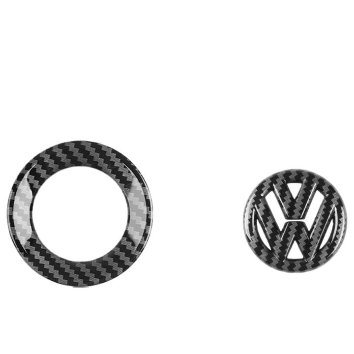Емблема за Волан с Външен Пръстен Самозалепваща, Черен Карбон, 40мм+61мм, Съвместима с VW Volkswagen Polo, Golf, Jetta, Passat, Tiguan, Touareg