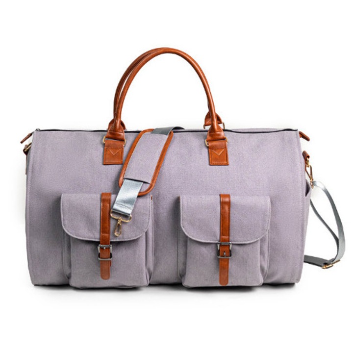 Geanta de Voiaj din Material Textil, Model Travel Bag, cu Multiple Buzunare Frontale, Bretea Reglabila si Manere Duble Fix, Capacitate Mare pentru Calatorii, Business si Sport, 31.8x52x25.4 cm, Gri, PriStyle®