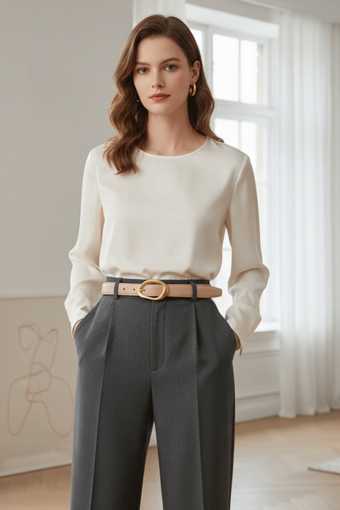 Elegáns női öv kiváló minőségű bőrből és arany csattal, PriStyle®, Krém, 110cm