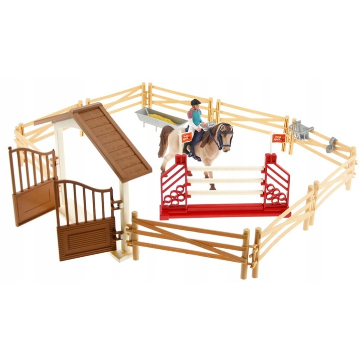Set figurine pentru constructia unei grajduri pentru cai, HH Poland, 1 cal, 1 jocheu, 9 elemente de gard, 1 obstacol, 1 poarta, multicolor, 3+ ani