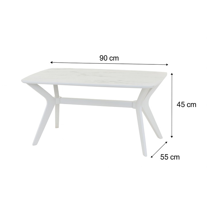 Правоъгълна холна маса, VENITIVO®, мраморен MDF плот 55 x 90 см, бели крака с модерен дизайн