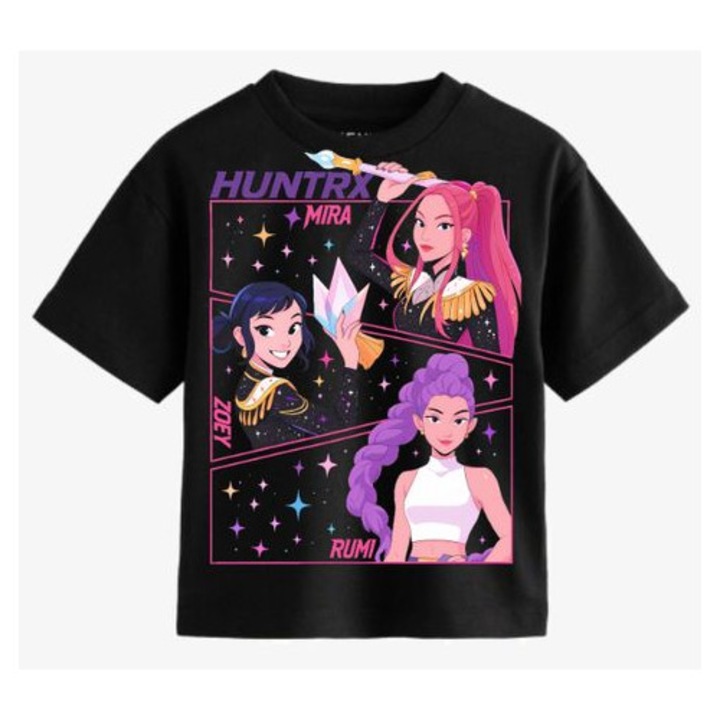 Tricou copii, Roly, KPop Huntrix Demon Hunters, bumbac, negru, 7-8 ani, 128-134 cm