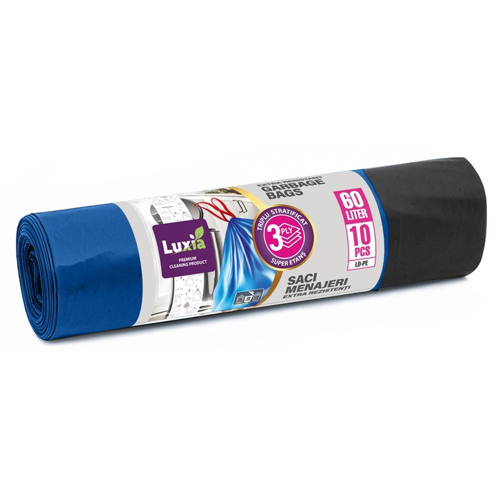 Торби за отпадъци 60л, трислойни, с връзка, 10бр./ролка