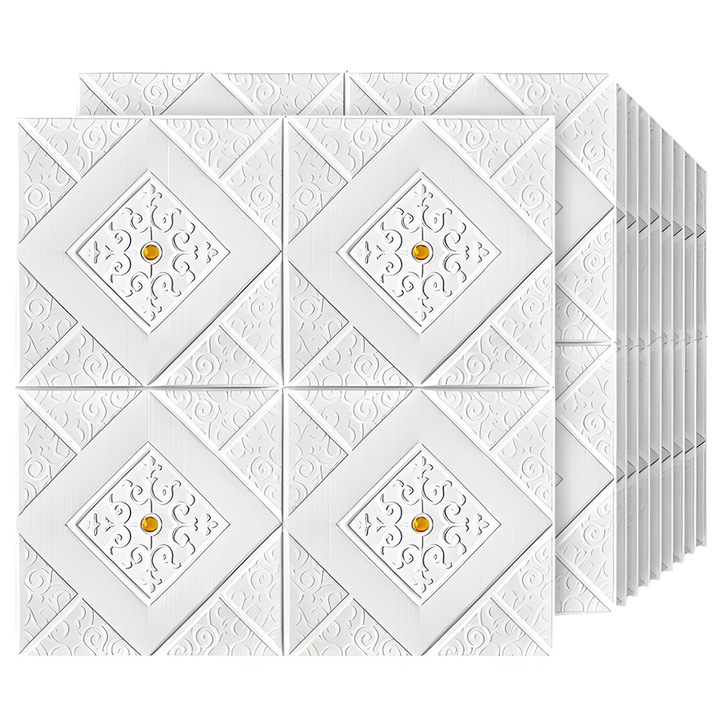 Set 20x Tapet Caramida 3D Teno®, Model Romburi cu Cristal, suprafata acoperire 9.8 mp, autoadeziv, waterproof, usor de montat, design modern, 70x70 cm, galben