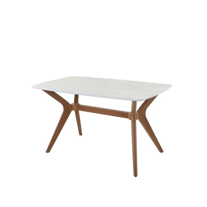 Маса VENITIVO® за трапезария, модерен дизайн, стилизиран MDF плот 138 x 80 cm x 75 cm, крака от композитен материал, бял мраморен плот, крака в цвят орех – 6 души