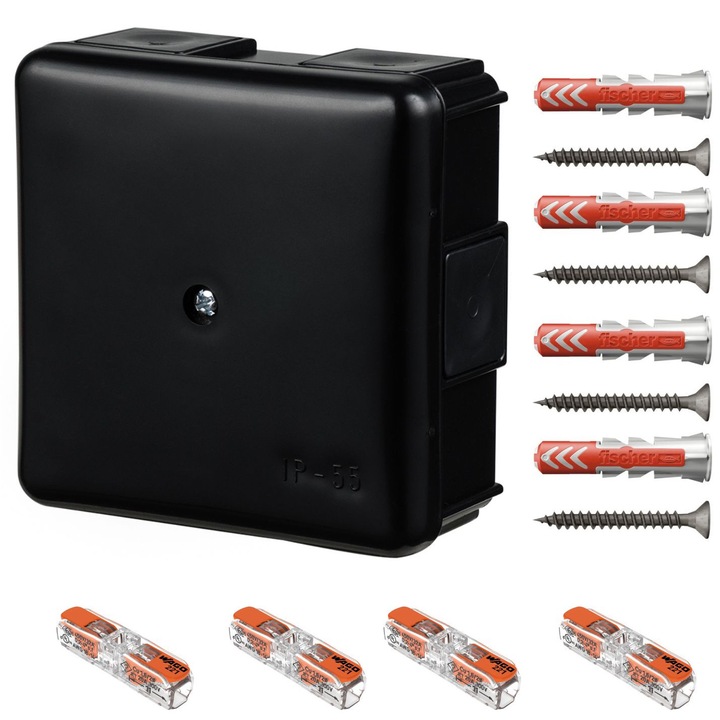 Cutie conexiuni Elektro-Plast EP-LUX, neagră, 86x86x39mm, IP55, cu cleme Wago 221-2411 și dibluri Fischer DuoPower 6x30