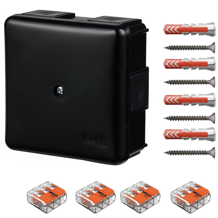 Doza derivatie aparenta neagra EP-LUX IP55 86x86x39, Cutie conexiuni, Cutie de jonctiune dotata cu cleme Wago 221-413 4 buc si dibluri Fischer DuoPower 6x30 4 buc