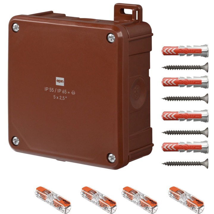 Doza derivatie aparenta maro IP55 98x98x46, Cutie conexiuni, cleme Wago 221-2411 4 buc si dibluri Fischer DuoPower 6x30