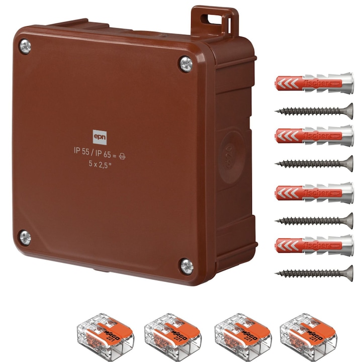 Doza derivatie aparenta maro Puszka maro IP55 98x98x46, Cutie conexiuni, Cutie de jonctiune dotata cu cleme Wago 221-412 4 buc si dibluri Fischer DuoPower 6x30 4 buc