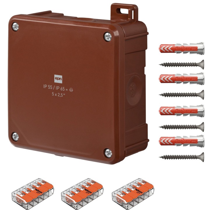 Doza derivatie aparenta Elektro-Plast, IP55, culoare maro, 98x98x46mm, cu cleme Wago 221-415, set 3 bucati si dibluri Fischer DuoPower 4 bucati