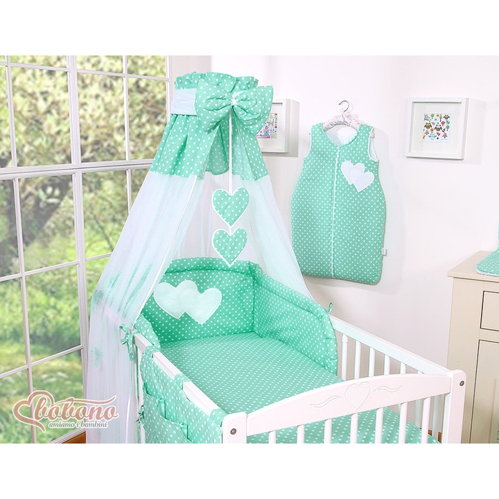 Baldachim pentru patut, Bobono, tiul alb, 155x270cm, cu inimioare si funda, set complet