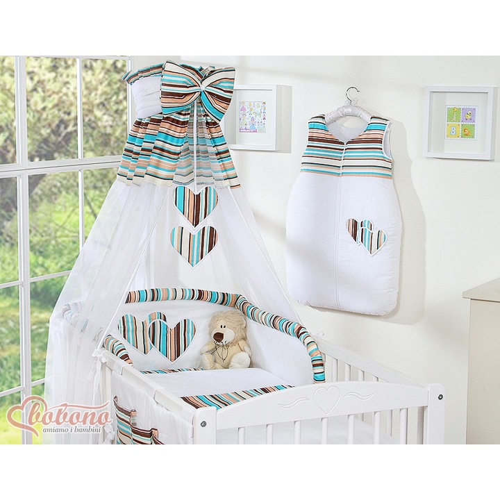 Baldachim pentru patut, Bobono, tiul alb, 155x270cm, set cu inimioare si funda