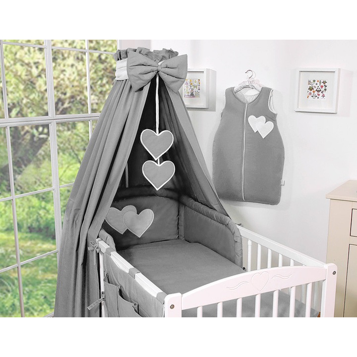 Baldachin pentru patut, Bobono, 160x250cm, 100% bumbac, cu inimioare, include funda si fasie din tul