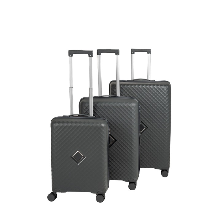 Set 3 Trolere, Wowbag, Gri închis, dimensiuni S-50x38x22cm, M-60x44x31cm, L-70x49x31cm, din polipropilenă durabilă