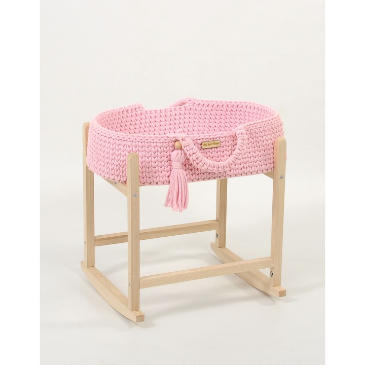 Cos Moise BOHO pentru papusi, My Sweet Baby, handmade, 100% bumbac, cu suport din lemn, 47x29x13cm
