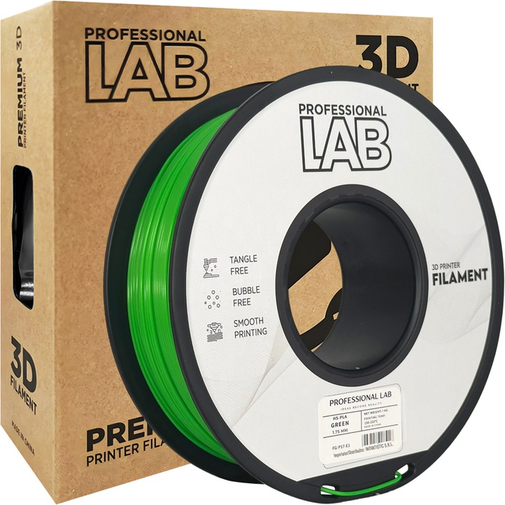 Rola filament, HS-PLA GREEN, 1kg, Professional Lab High Speed PLA Verde, diametru 1.75mm, compatibil cu majoritatea imprimantelor 3D FDM