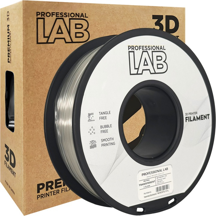 Rola filament, HS-PLA TRANSPARENT, 1kg, Professional Lab High Speed PLA Translucid, diametru 1.75mm, compatibil cu majoritatea imprimantelor 3D FDM