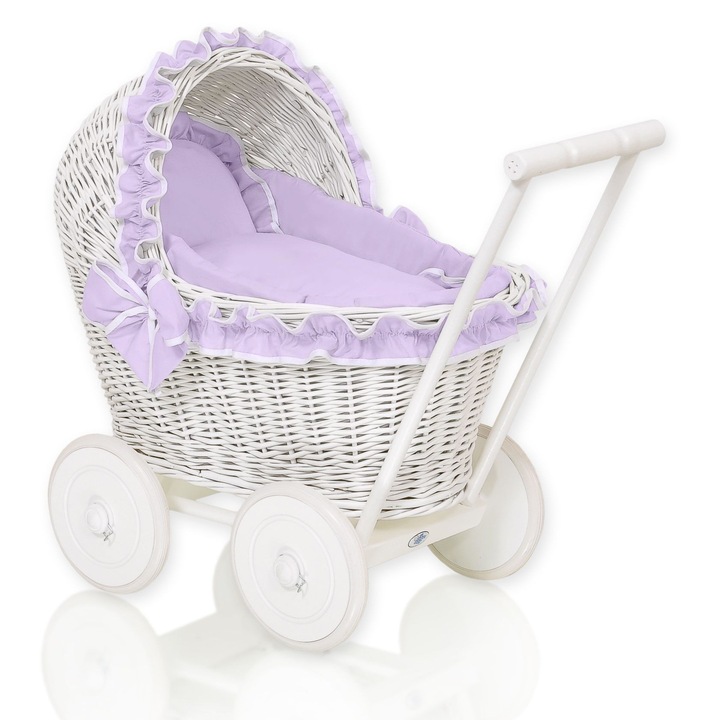 Carucior pentru papusi, My Sweet Baby, alb, cu lenjerie si perna, dimensiuni 48x31x51cm