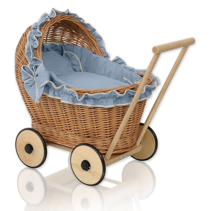 Carucior pentru papusi, My Sweet Baby, cu lenjerie, din ratan natural, albastru murdar, 48x31x51cm