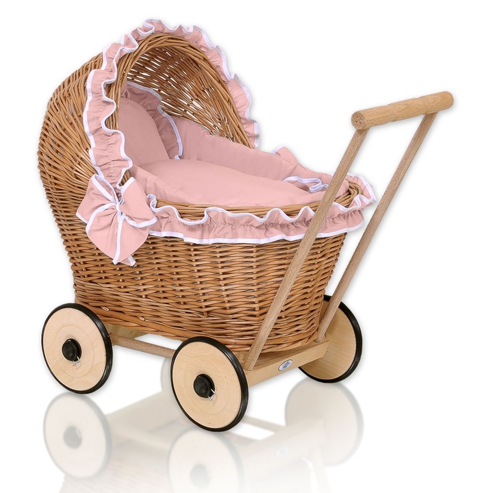 Carucior pentru papusi, My Sweet Baby, brad natural, cu lenjerie, 48x31x51cm