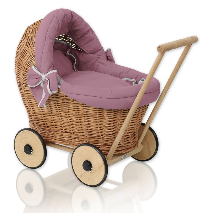 Carucior pentru papusi, My Sweet Baby, cu lenjerie, din ratan natural, 48x31x51cm