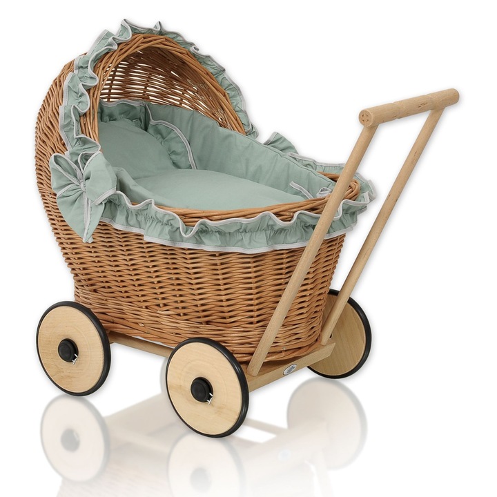 Carucior pentru papusi din rachita, My Sweet Baby, cu lenjerie si captuseala moale, 48x31x51cm, natural