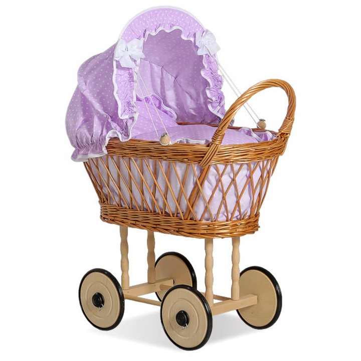 Carucior pentru papusi My Sweet Baby, din rachita naturala, cu suport din lemn, cu lenjerie si perna, 50-55x35x65cm