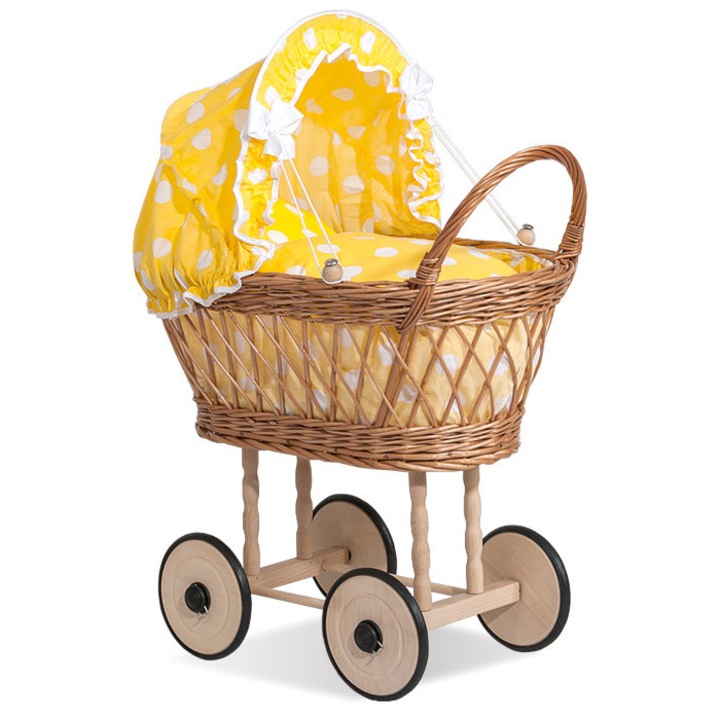 Carucior pentru papusi My Sweet Baby, handmade, din rachita naturala, cu lenjerie si perna, 50-55x35x65cm