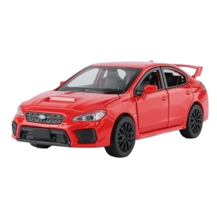 Masinuta metalica mecanica, Subaru WRX STI 2020, scara 1:32, sunete, usi mobile, capota mobila, portbagaj mobil, rosu, 15 cm