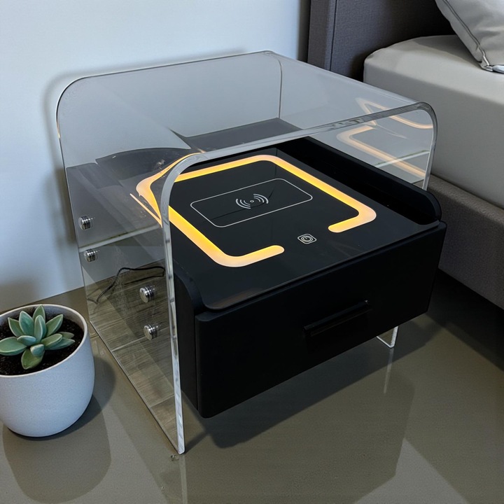 Noptiera smart cu cadru plexiglas 10mm, blat sticla securizata cu incarcare wireless si iluminare ambientala, 42 x 40 x 43.5 cm, AVI-5222