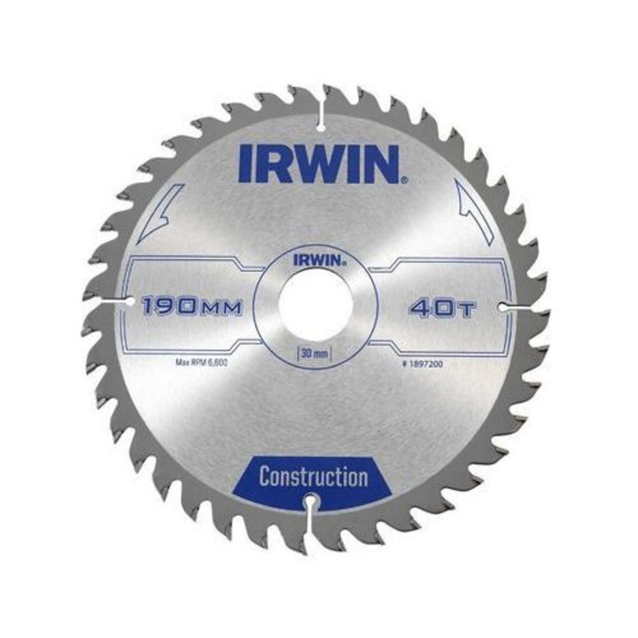 Disc circular pentru lemn, IRWIN, 190x30mm, 40 dinti, grosime 2.5mm