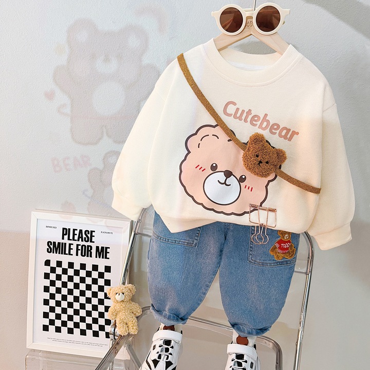 Compleu Bluza Crem si Pantaloni Albastri Cute Bear