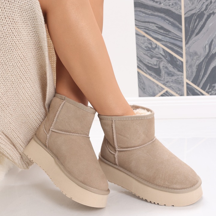 Cizme Dama Imblanite Bej din Piele Naturala Intoarsa Gloya, Bej