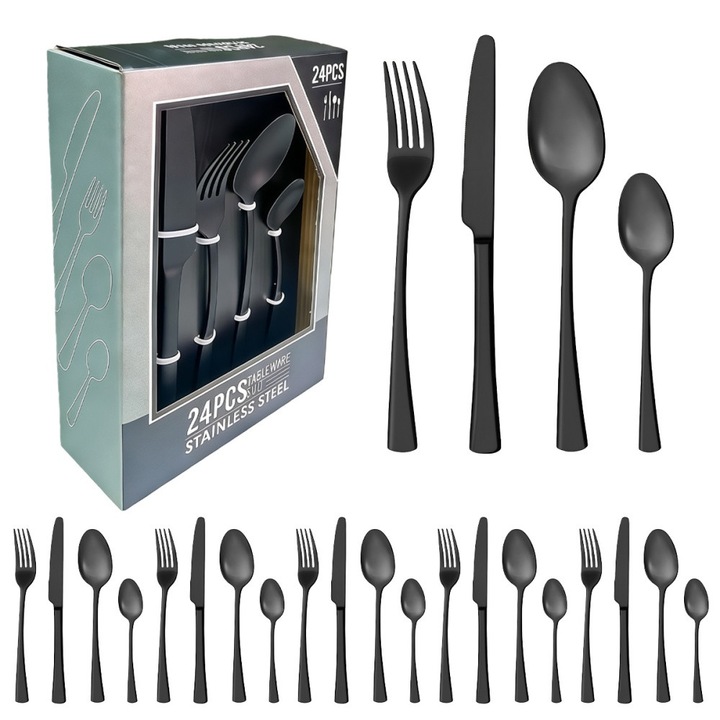Set de tacamuri 24 piese, inox, negru mat, pentru 6 persoane, cu cutite, linguri si furculite