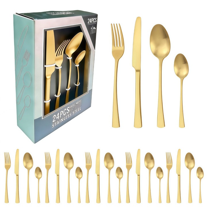 24 részes matt arany evőeszköz készlet, rozsdamentes acélból, 6 személyes, steak késekkel, kanálokkal és villákkal