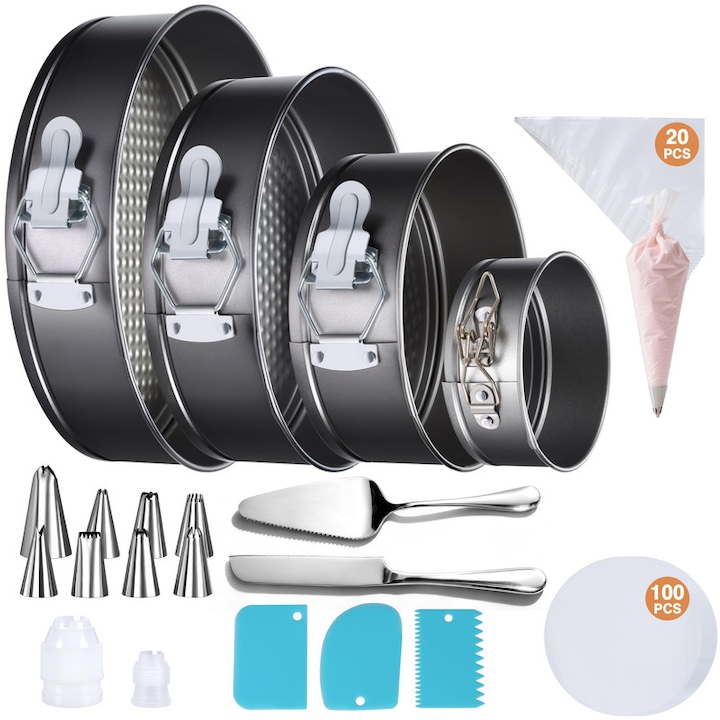 Set 139 piese forme detasabile antiaderent, 4 forme prajituri (11-26cm), accesorii decorare prajituri: hartie copt, saci confectionat, smirghel, set taiat